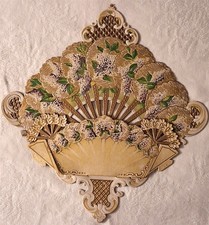 Antique Victorian Die Cut Embossed Floral Fan Christmas Card Wall Pocket  picture