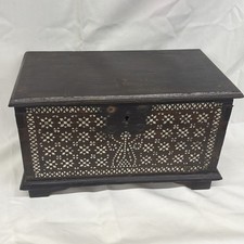 Rare Antique Syrian Mother of Pearl Inlay Small Trunk Wood Chest 15x8x8 Restored picture