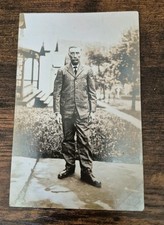 Antique RPPC Real Photo Postcard Elder Man Suit Portrait Houses c1907-1915 picture