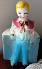 Vintage MCM Ceramic Boy Figurine Planter Blue/Green Sailor  picture