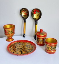 Vintage Khokhloma Russian USSR Folk Art Hand Painted 6 Pc Wooden Condiment Set picture