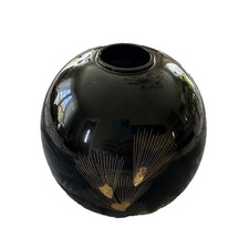 Vintage Japanese Lacquerware Vase Black Round Gold MCM 6” Asian Vessel picture
