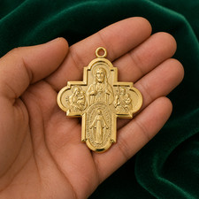 4-Way Cross Pendant Gold Plated Sterling Medals Necklace w/Brass Chain picture