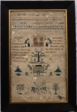 EARLY 19TH CENTURY DOUBLE HOUSE, MOTIF & VERSE SAMPLER BY MARTHA GILES - 1819 picture