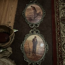 Vintage Pair of Oval Metal Brass Picture Frame/Bubble Glass/Praying Farmer picture