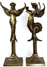 Antique French Empire Bronze Mantelpiece/Candlestick Melusine Mermaid Pair 15” picture