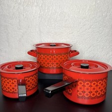 Vintage Kaj Franck Finel Wartsila Arabia Finland Red Daisy Enamel Pots 3 pc Set picture