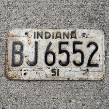 Vintage 1951 Indiana License Plate BJ6552 White Black Metal Authentic Antique picture
