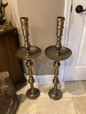 Pair Etched Brass Altar Candle Holders Moroccan Turkish Style Candlesticks 36” picture