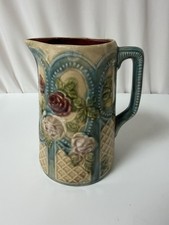 Vtg French Majolica ceramic Pitcher W/ Embossed Rose & Lattice Motif picture