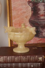  Vintage Spanish Alabaster Bird Bath Pedestal Bowl Carved Birds 5.5in picture
