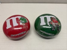2 Vintage M&M’s Green & Red Christmas Holiday Tin Themes Character Container 3” picture