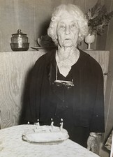 Older Woman Pretty White Hair with Her Cake & Burning Candles Vintage Photo picture