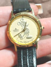 VTG Lorus Gold Coin Mickey Mouse Disney Watch on Black Leather Strap, Rare picture
