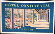 Hotel Continental Paris Patio Cafe View Vintage Luggage Label 3.5 x 5.75