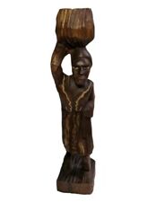 Carved African Woman Carrying a Basket Black Wood Sculpture Figurine Statue  picture