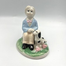 Vintage Ceramic Boy & Dog Figurine Pastel Roses Collectible Home Decor picture