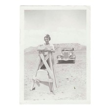 Vintage Snapshot Photo Woman With 1930s Car Desert Road Trip picture
