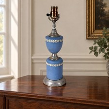 ❖ FIND Wedgwood Blue Jasperware Relief Table Lamp Neoclassical England Vintage picture