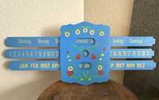 Vintage German Blue Wooden Perpetual Calendar Painted Sliding Folk Wall Art picture
