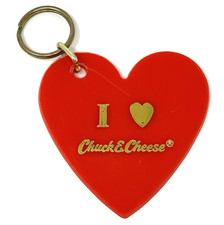 Vintage Chuck E Cheese Heart Shaped Red Plastic Keychain Gold Letters 3.5