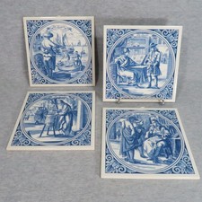 Vintage Schoonhoven Ceramic Tiles Trivets Delft Blue Jan Luyken Lot of 4 picture