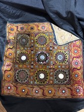 Vintage Indian Kutch Embroidery Mirror Work Shisha Tribal Folk Art Textile 21x21 picture