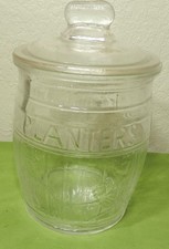 Vtg 1930 PLANTERS PEANUTS Running Mr Peanut Embossed Barrel Glass Jar Peanut Lid picture