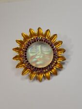 Sunflower Sun Face Brooch Lapel Pin Circle of Red & Iridescent Faceted Faux Gems picture