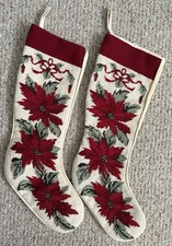 Set Of 2 VTG? Poinsettia Needlepoint Christmas Stockings Off White Background picture