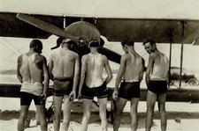 Five men at the beach showing tan lines by a biplane gay man's collection 4x6 picture
