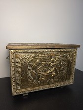 Vintage Mid-20th Metal Century English Embossed Brass Log Box Rare Tavern Scenes picture