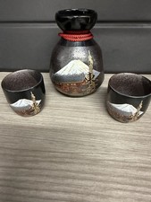 Japanese Sake Set Tokkuri 2 Cups Mount Fuji Sakura Black Iga Style Boxed Japan picture