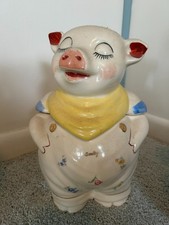 Vintage Shawnee USA Pottery Ceramic SMILEY Pig Cookie Floral Yellow Scarf 11” T picture