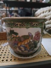VTG Chinese Porcelain Floral Jardiniere Gold Gilded Moriage Beading Pot w/Plate picture