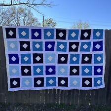 Vtg Polyester Patchwork Quilt Diamond Pattern Square  Blues Hand Stitched 88x68 picture