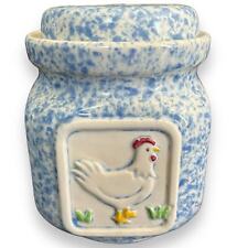Vintage Pottery Craft Spongeware Chicken Canister Square Blue Rooster Jar picture