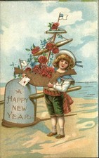 New Year's Girl with Airplane Ornament Winter Scene c1910s-20s Vintage Postcard picture