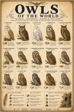 Owls of the World Poster 13x19 – Vintage Owl Species Chart Bird Wildlife Nature picture