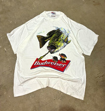Vintage Graphic Budweiser King of Beers Fishing  White T-Shirt with Bass 2000 picture