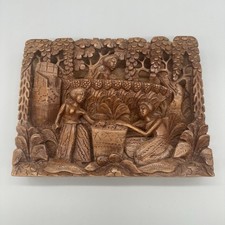 Vintage Indonesian Wood Hand Carved Panel Wood Carving Bali Working Women 10x7.5 picture