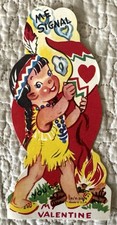 Unused Valentine Girl Indian Campfire My Signal Vtg Greeting Card 1950s 1960s picture