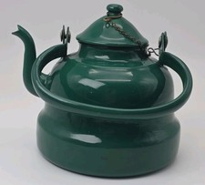 Vintage Green Teapot Kettle Enamelware Yugoslavia 16 Lid Chain Farmhouse Rustic picture