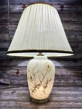 Vtg 3 Way Satin Glass Table Lamp w/ Gold & Ivory Raised Applied Frosted Flowers picture