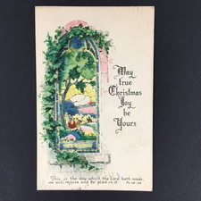 May True Christmas Joy Be Yours Postcard Stained Glass Church Window Posted 1935 picture
