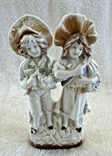 Antique German Bisque Porcelain Figurine Boy & Girl with Basket of Flowers 1903 picture