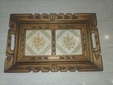 Vintage Hand Carved WOOD SERVING TRAY with Hand Painted TILES, 9x14 Inch picture