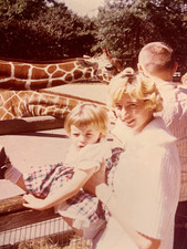 Vtg 1970s color snapshot photo family zoo giraffe exhibit animal 1970s safari picture
