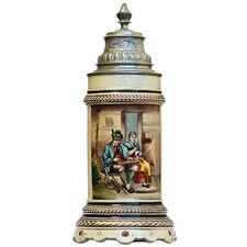 Antique German Beer Stein - Hunter | Hand-Painted * Pewter Lid * .5 L * Ca 1900 picture