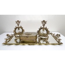 Vintage Matson Ormolu Gold Cherub Filigree 4pc Vanity Set Mirror Tray Box Bottle picture
